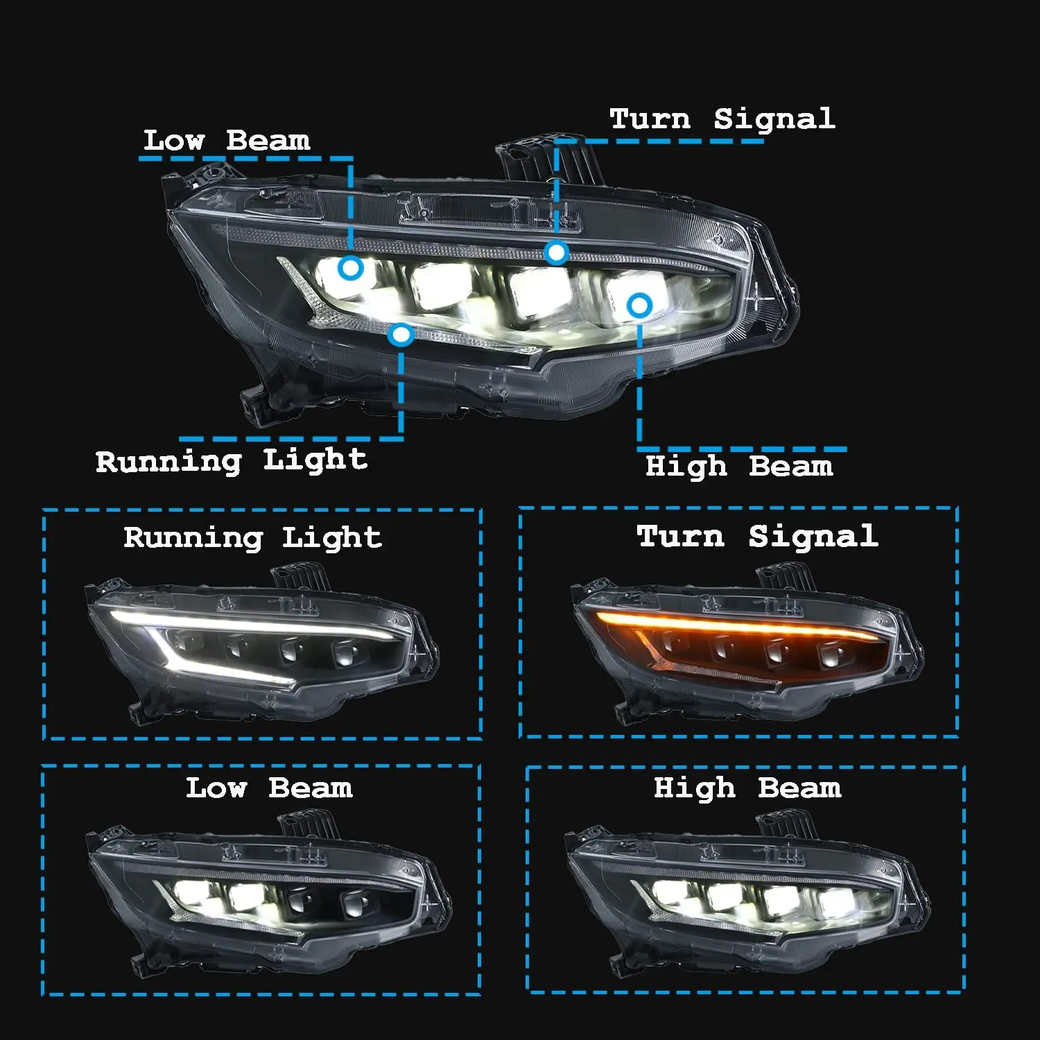 LED Headlights for Honda Civic 10Th Sedan Type R Hatchback 2016-2021 With Start Up Animation Demon Eyes