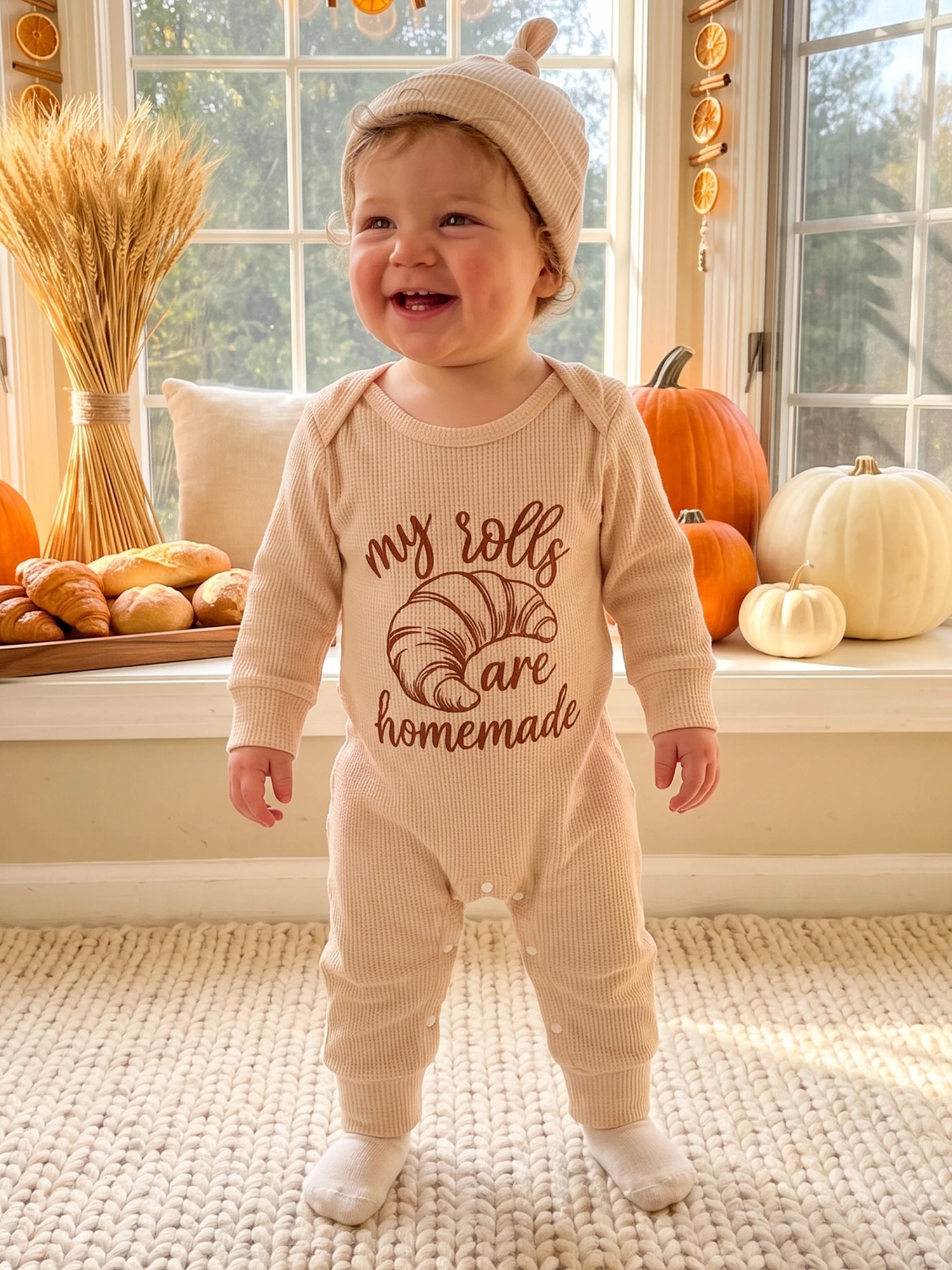 Thanksgiving Hat Romper Waffle Letter Hat Baby-Boy Croissant Print Thanksgiving-Romper-Waffle Bodysuit-