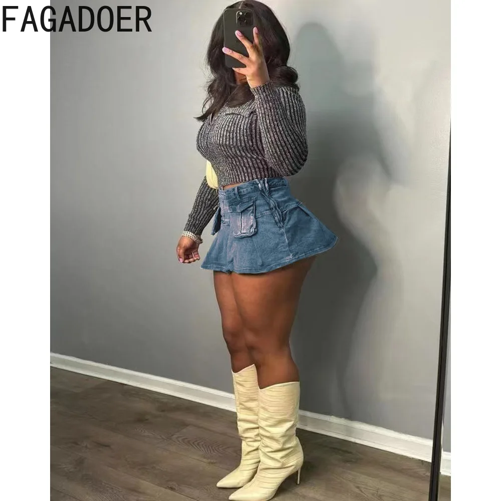 FAGADOER Fashion Y2K Streetwear Women High Waist Pocket A-line Mini Denim Skirts Summer New Female Cute Elasticity Skirt Bottoms