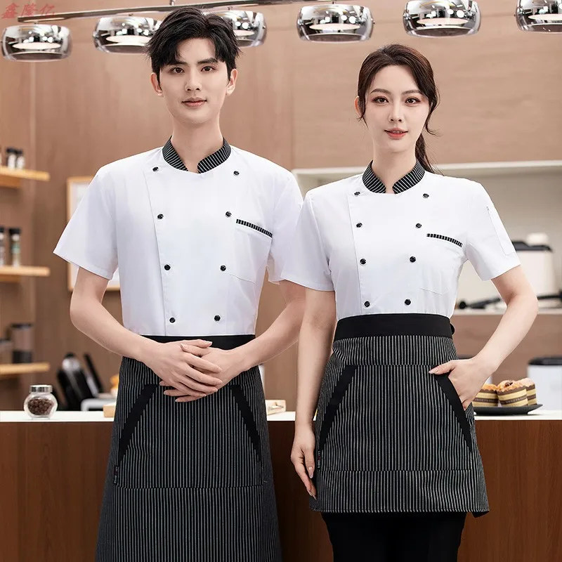 Veste de Chef à manches courtes et col à rayures à Double rangée, uniforme de travail de cuisine de restauration de Restaurant, manteau de Chef de pâtisserie d'été