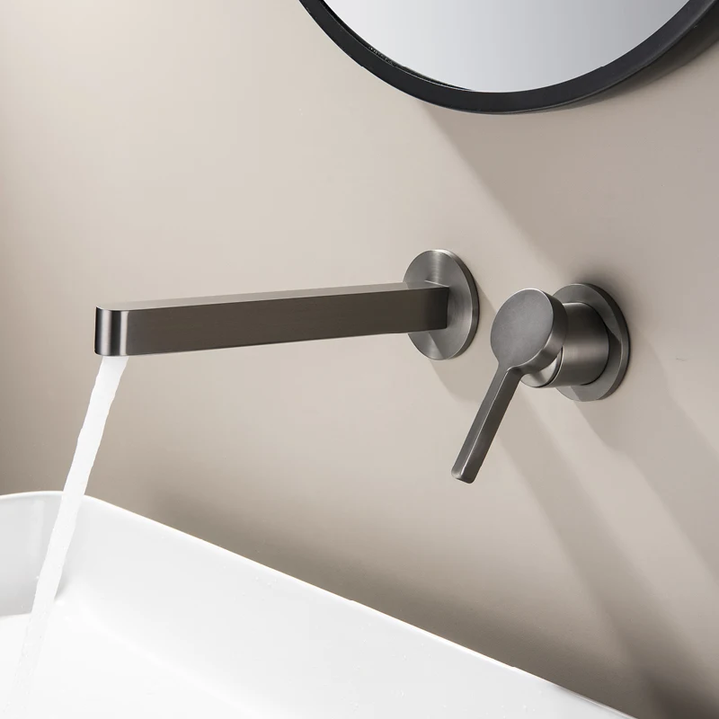 

Wall Mounted Dual Hole Bathroom Sink Faucet Hot and Cold mixer Tap Modern Single Handle Lavatory Vessel Sink Faucet Gray