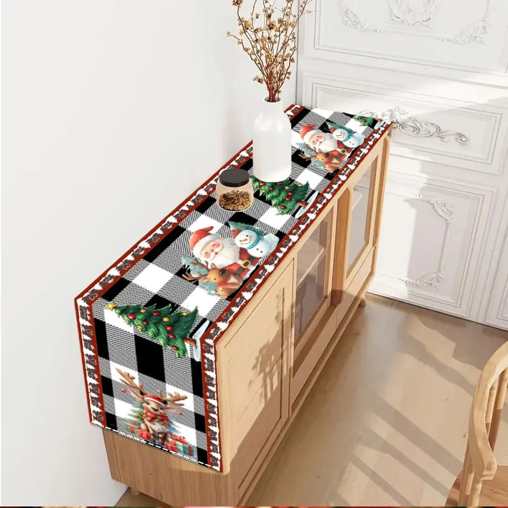 Linen Table Runner Snowman with Cardinal Bird  Christmas Tree on Off White Plaid  Winter Holiday Home Decor