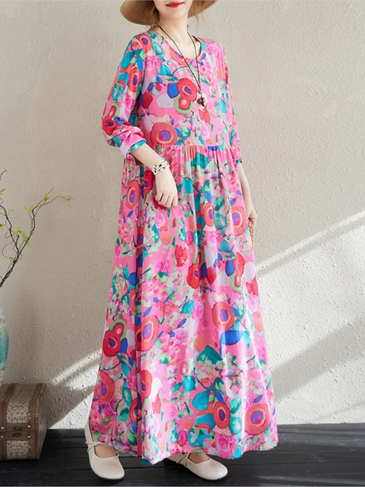 Übergroßes Blumenkleid für Damen, lockere Mode, Damenkleider, lässiges Damenkleid mit langen Ärmeln
