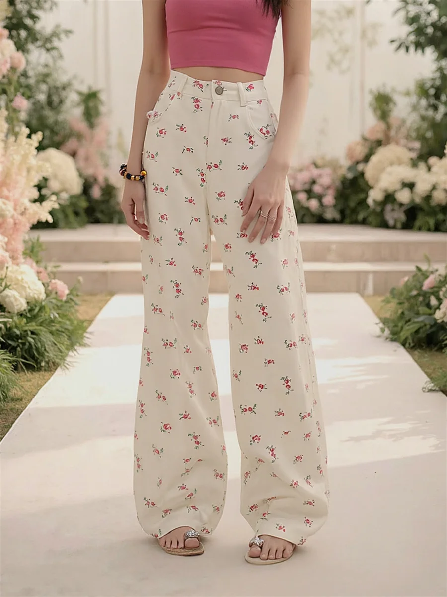 

Милые джинсы с высокой талией и цветочным принтом, мешковатые женские джинсовые брюки, женская одежда, осенняя клетчатая полуширокая классическая рабочая профессиональная одежда