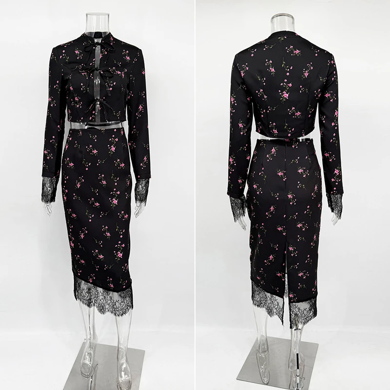 Gonna superiore con stampa floreale in pizzo Abiti da donna con lacci a maniche lunghe Cardigan Moda Gonna lunga sottile Abiti femminili Autunno