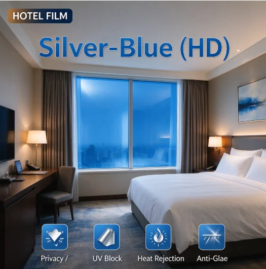 Silver Blue HD PET Heat Insulation One Way Vision Glass Film Roll Anti UV Privacy Tint DIY Install For House And Office Building