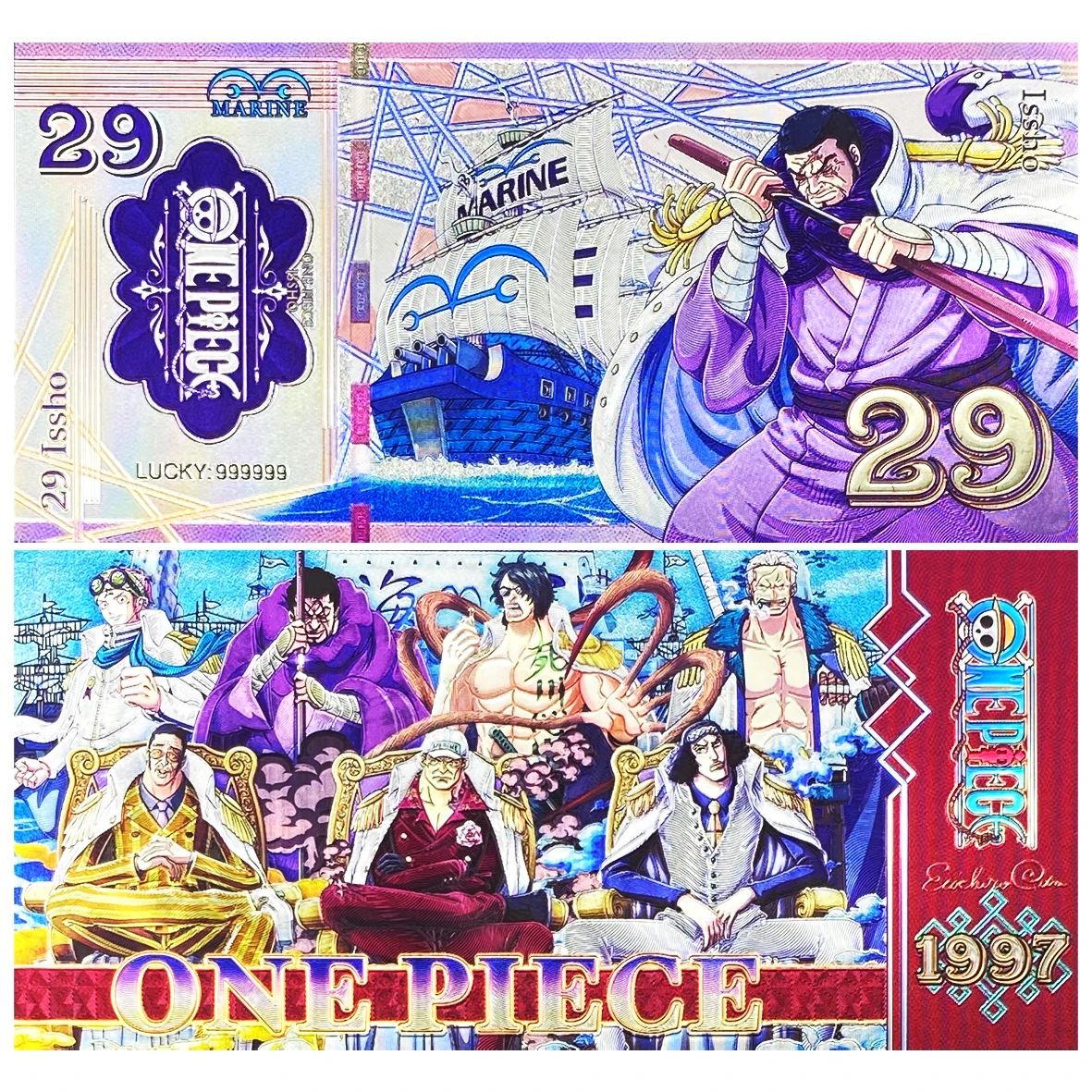 33 تصميمًا من قطعة واحدة للبيع المفرد مجموعة الأوراق النقدية الفضية اليابانية كهدية تذكارية لبطاقة شخصية لوفي للأطفال