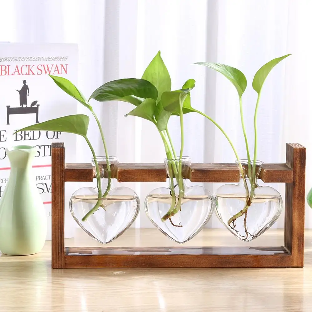 Glass and Wood Vase Planter Terrarium Table Desktop Hydroponics Tray Home Decor Plant Bonsai Flower Pot Hanging Pots with Wooden