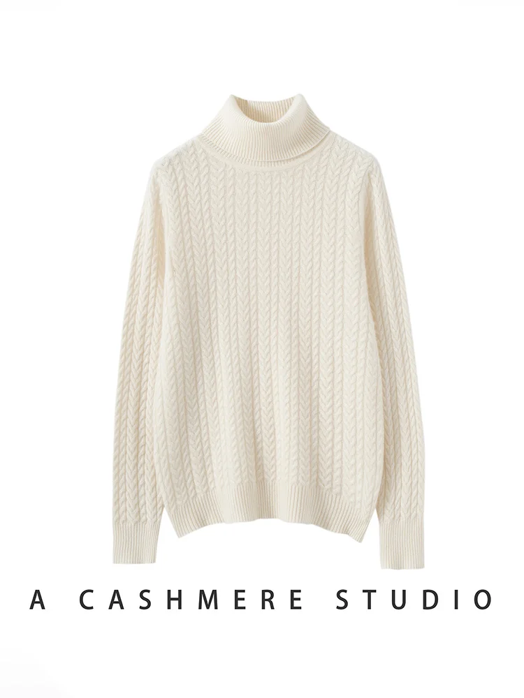 2025New mujeres 100% suéter de cachemira cuello alto Cable tejido básico jersey de manga larga Otoño Invierno suave cálido Casual prendas de punto Tops