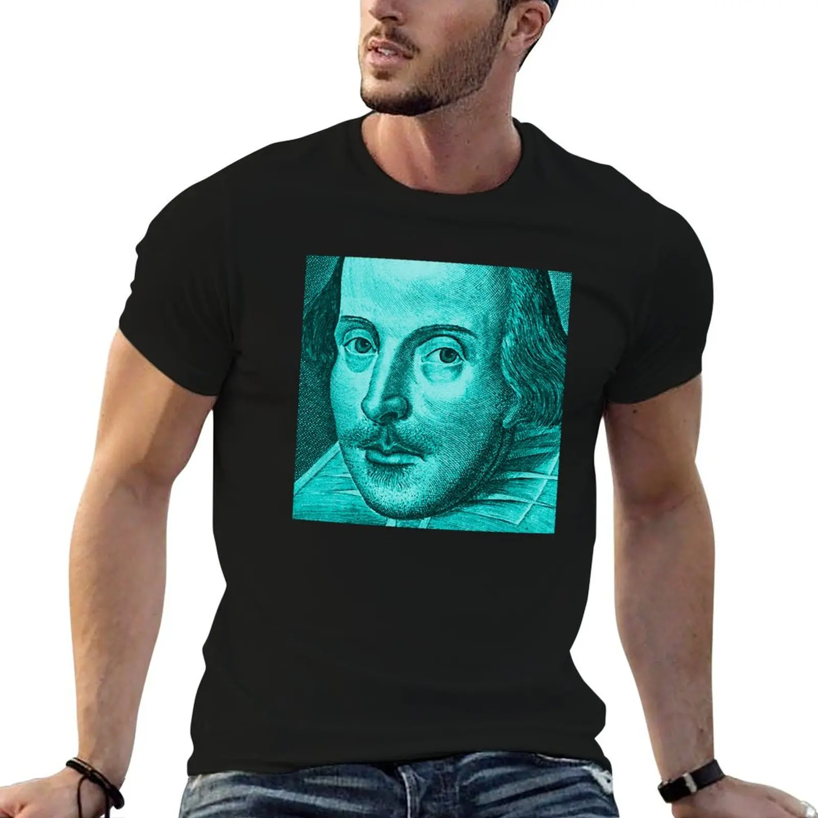 Shakespeare Droeshout Engraving Portrait - Cyan Version T-Shirt Plus Size Basic Short Sleeve Top