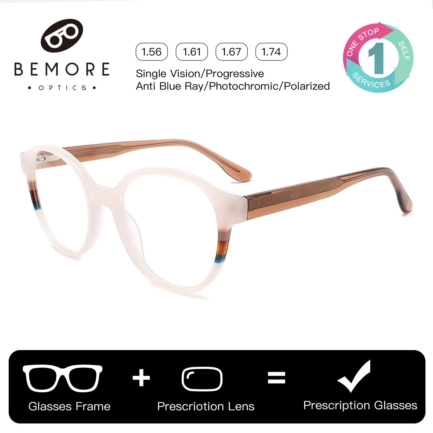 BEMORE Handmade Acetate Custom Prescription Eyewear Multifocal Photochromic Anti-Blue Light Round Women’s Myopia Glasses