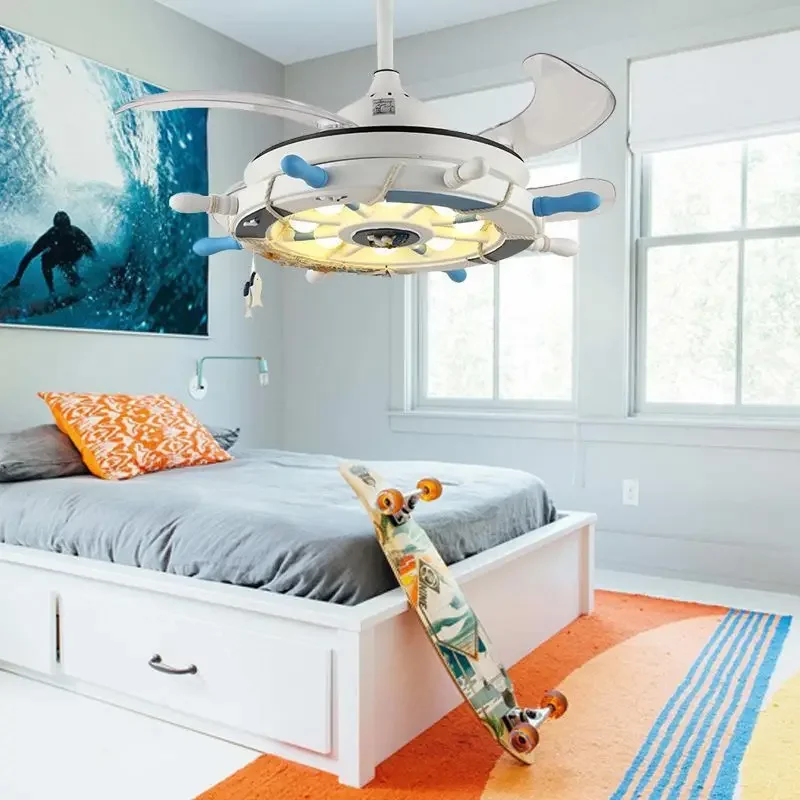 Modern LED Ceiling Light Nordic Anchor Hanging Ceiling Fan with Invisible Blade for Living Room Kid's Bedroom Children's Room