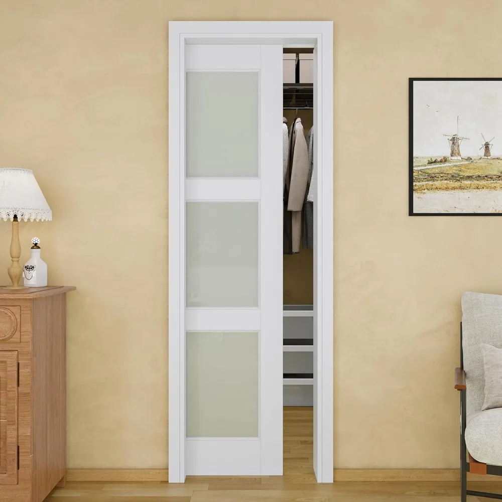 

Soft-Close Sliding Pocket Door 24" x 80", 3 Panel Tempered Frosted Glass Door Slab with Hardware Kit & Pocket Doors Frame, Inter