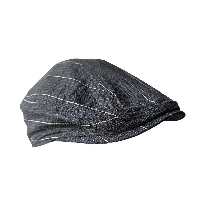 Spring And Summer Linen Casual Men Flat Summer Linen Beret Hat Woman Dark Gray Striped Breathable Cap Duckbill Driving Hats 026