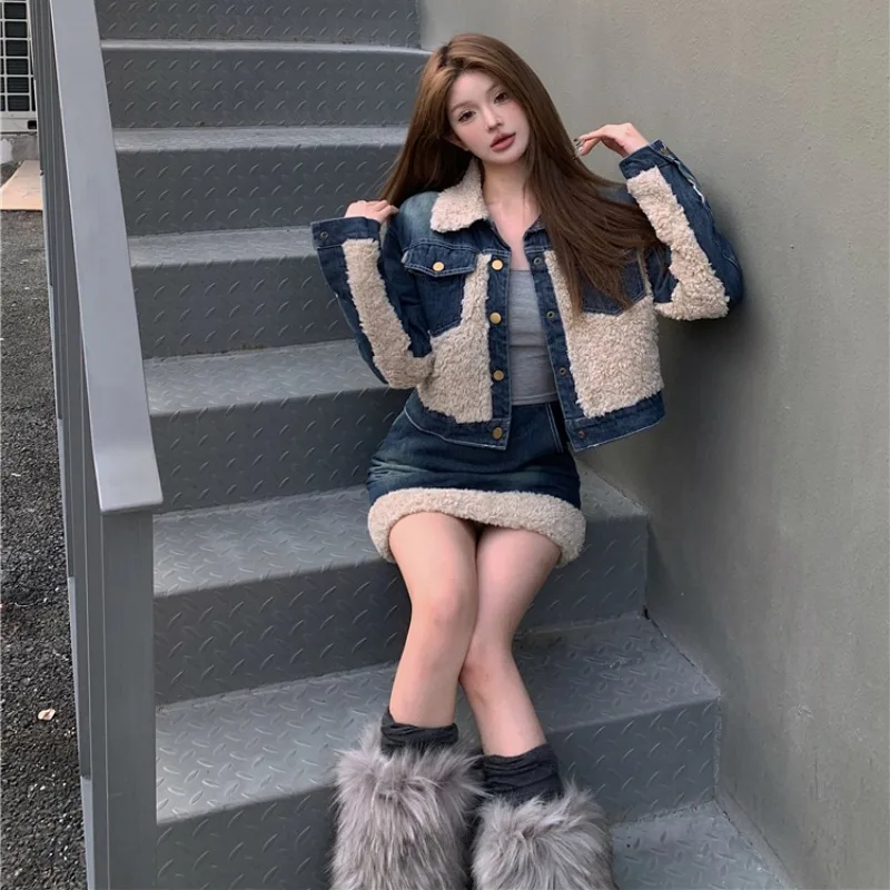 

Sweet Hot Girl Denim Suit Women's Autumn/Winter Thick Short Jacket High Waist Mini Skirt Two-piece Set Fashion Female Clothes