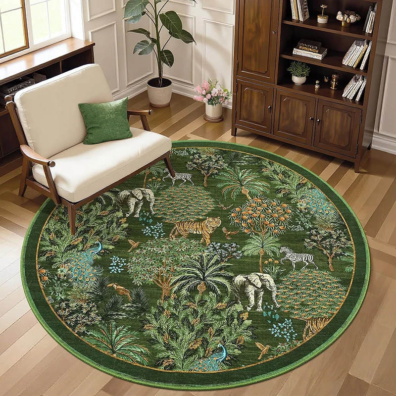 Round Living Room Carpet Non-slip Machine Washable Large Size Soft Floor Mat Forest Animal Tiger Print Rug Home Decoration Mats