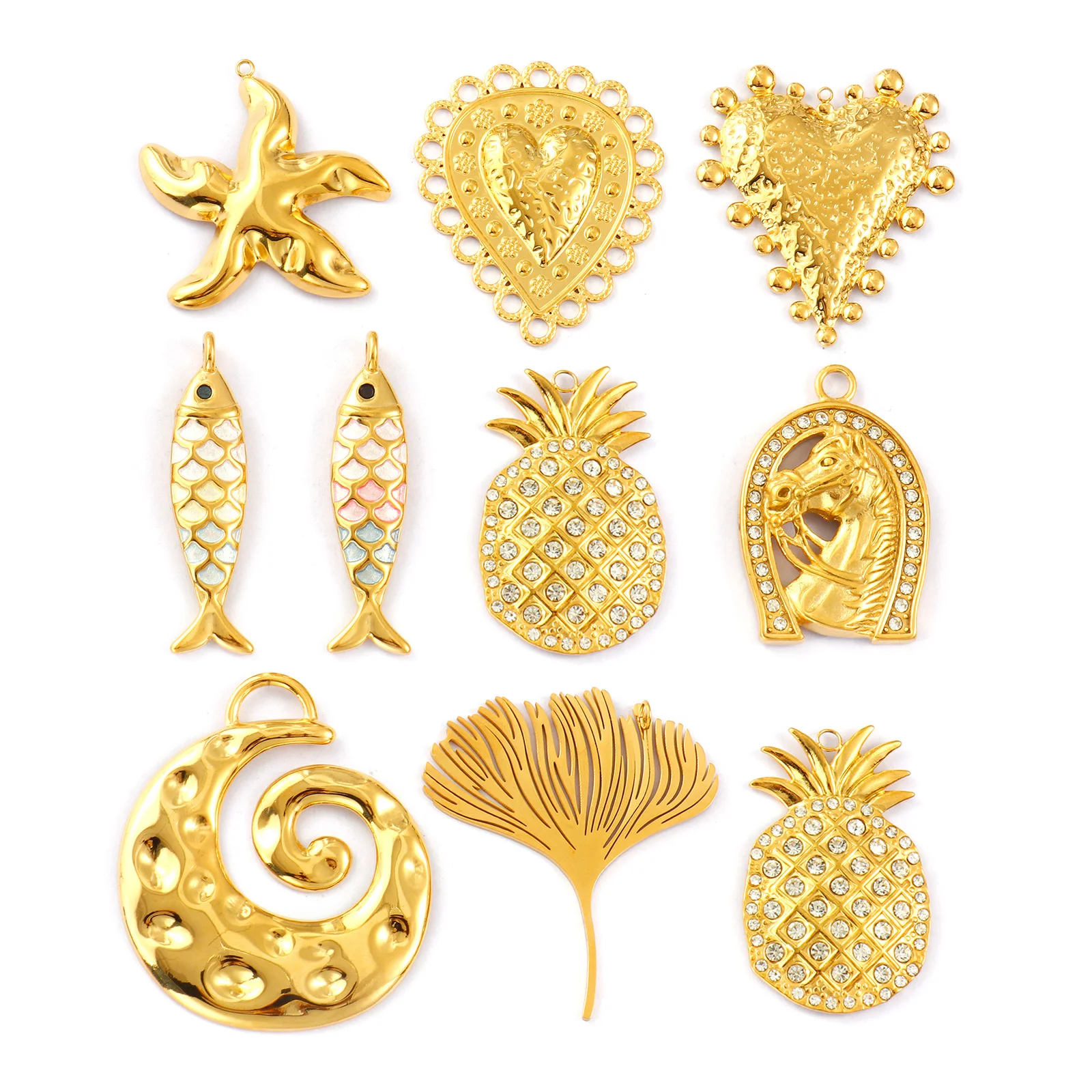 1pc New Stainless Steel Pendant Gold Color Geometric Heart Fish Horse Cubic Zirconia Charms DIY Women Necklace Jewelry Findings