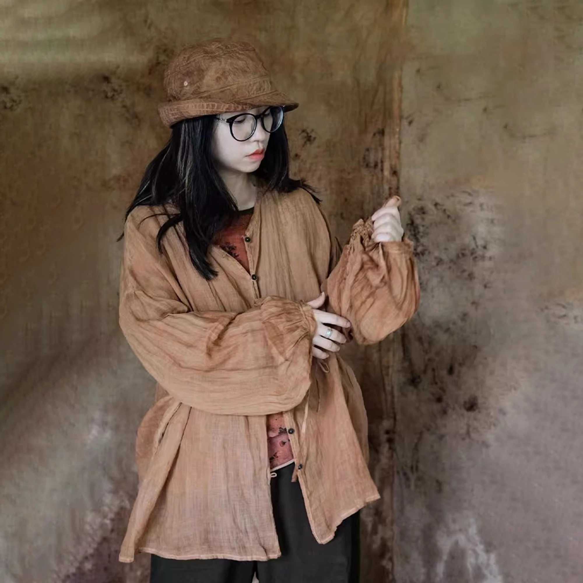 

PengPeng Home 6560 Early Autumn New Arrival Linen Tangerine Dyeing New Chinese Sle Loose irt Cloud Mist in the Distance