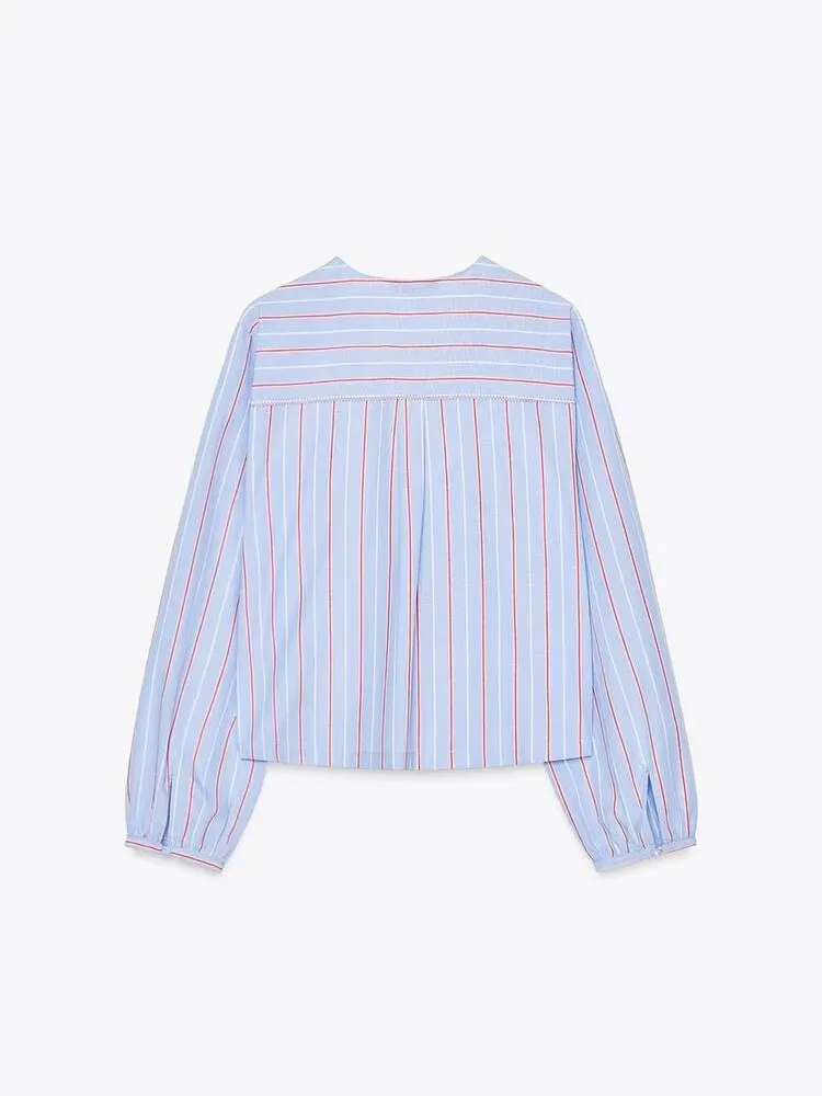 

Новое весеннее поступление, женское повседневное длинное полосатое шелковое украшение в виде узла, свободный крой для поездок на работу, V-Ne на пуговицах