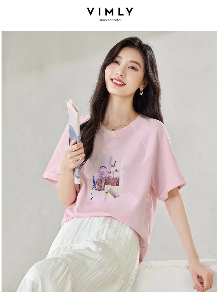 VIMLY Women\'s Chic Printed Short Raglan Sleeve T-Shirt Summer New Simple Commuter Casual Loose Top Round Neck Pink Blouse