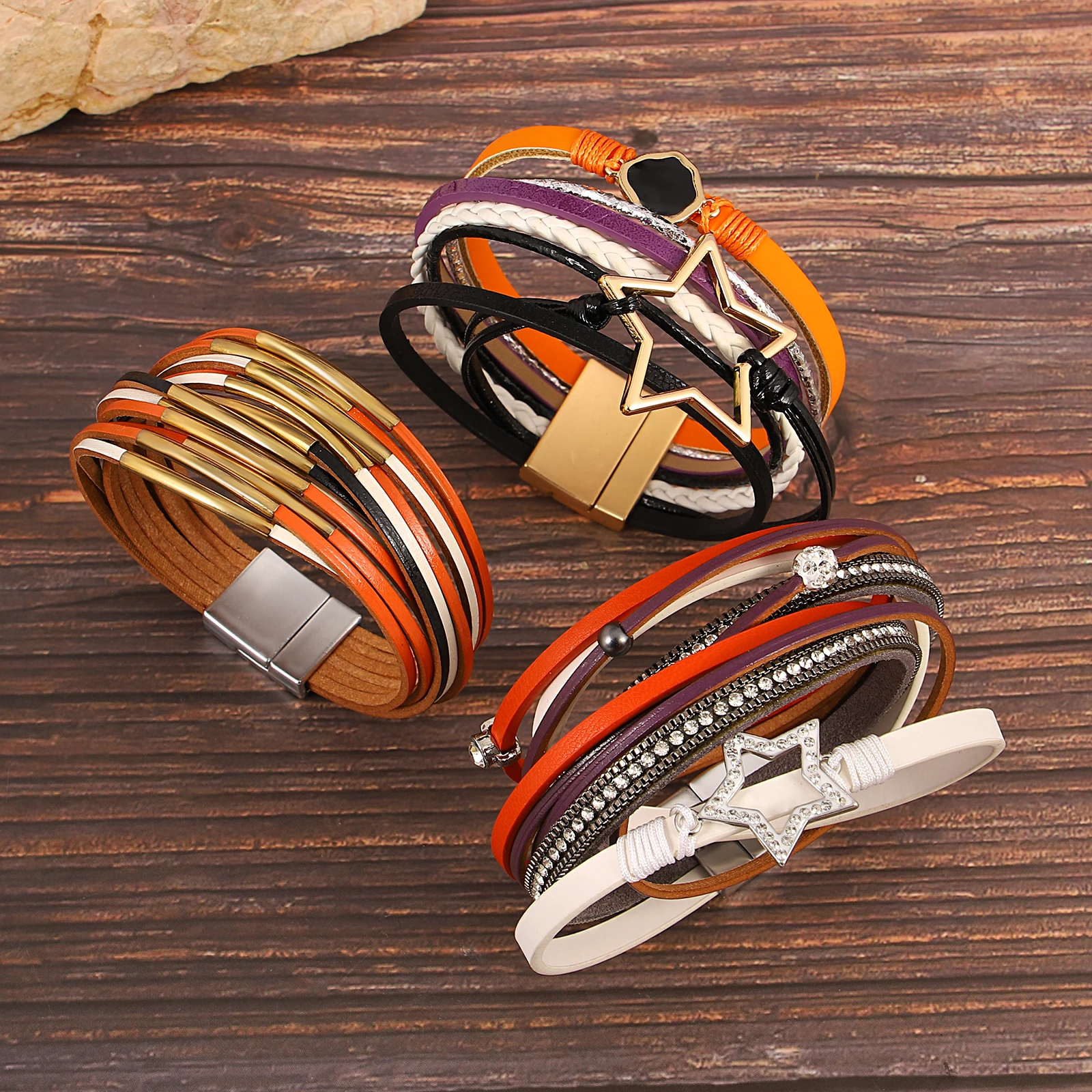 

Amorcome Elegant Multi layer Leather Bracelet for Women Stackable Metal Tube Large Star Package Bangle Hand Jewelry Accessories