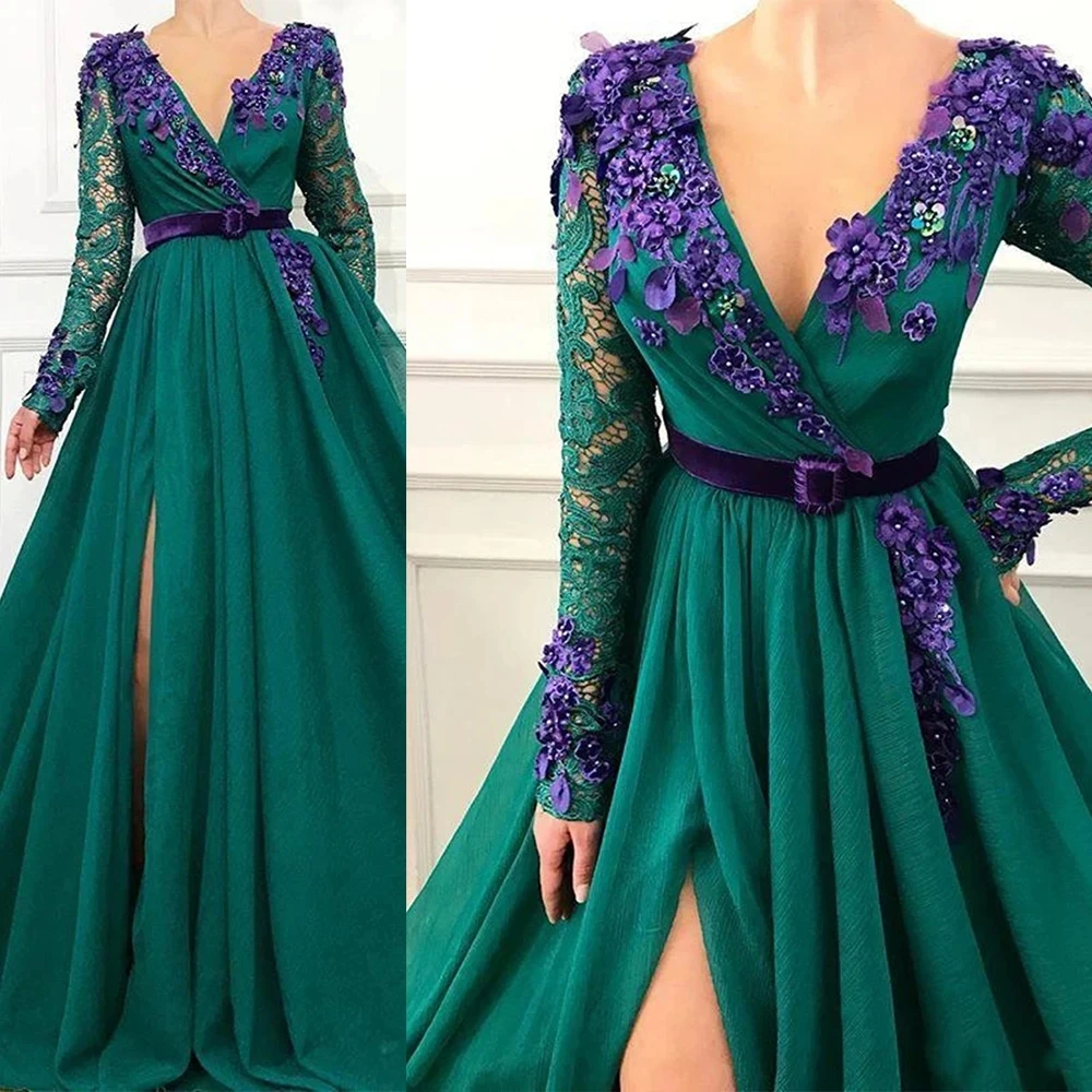 Green Applique Evening Dresses Arab Dubai Long Sleeve A-Line V-Neck Lace Princess Beaded Celebrity Side Slit Prom Gowns 2023