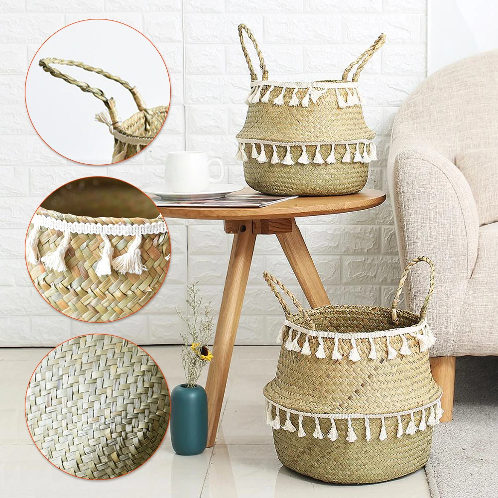 Faltbare handgemachte Gras gewebte Blumen korb Weide Aufbewahrung skorb Boho Rattan Hänge korb Haushalt Spielzeug Wäsche behälter