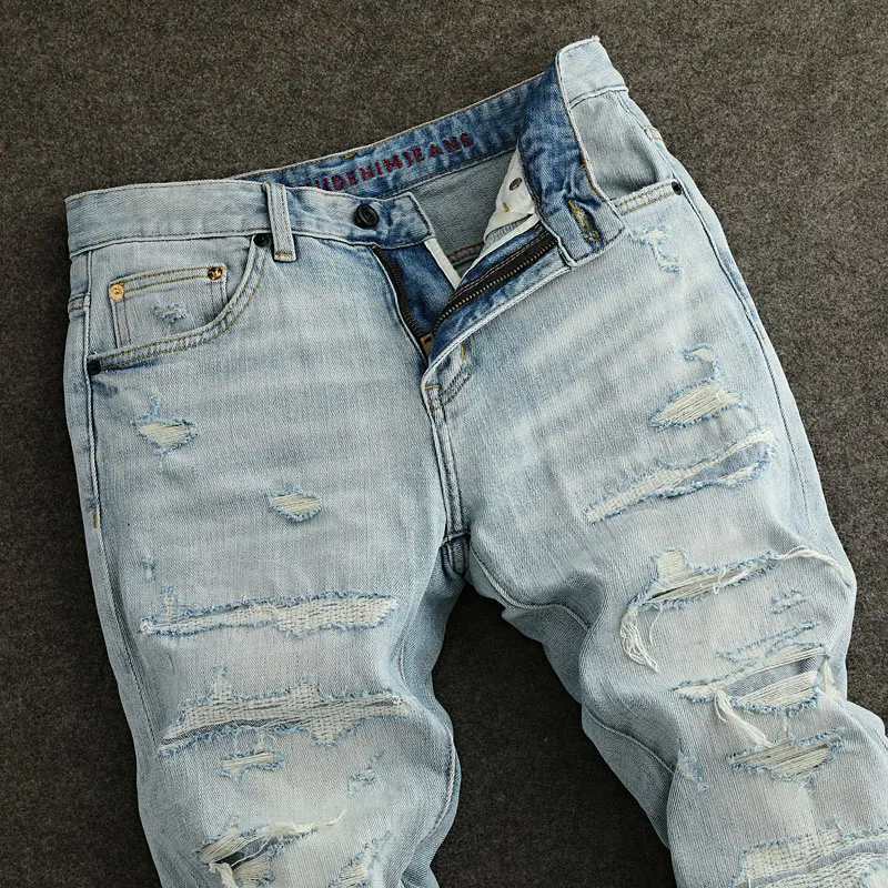 

Street Designer Fashion Men Jeans Retro Light Blue Stretch Slim Fit Patched Ripped Jeans Men High Quality Vintage Denim Pants