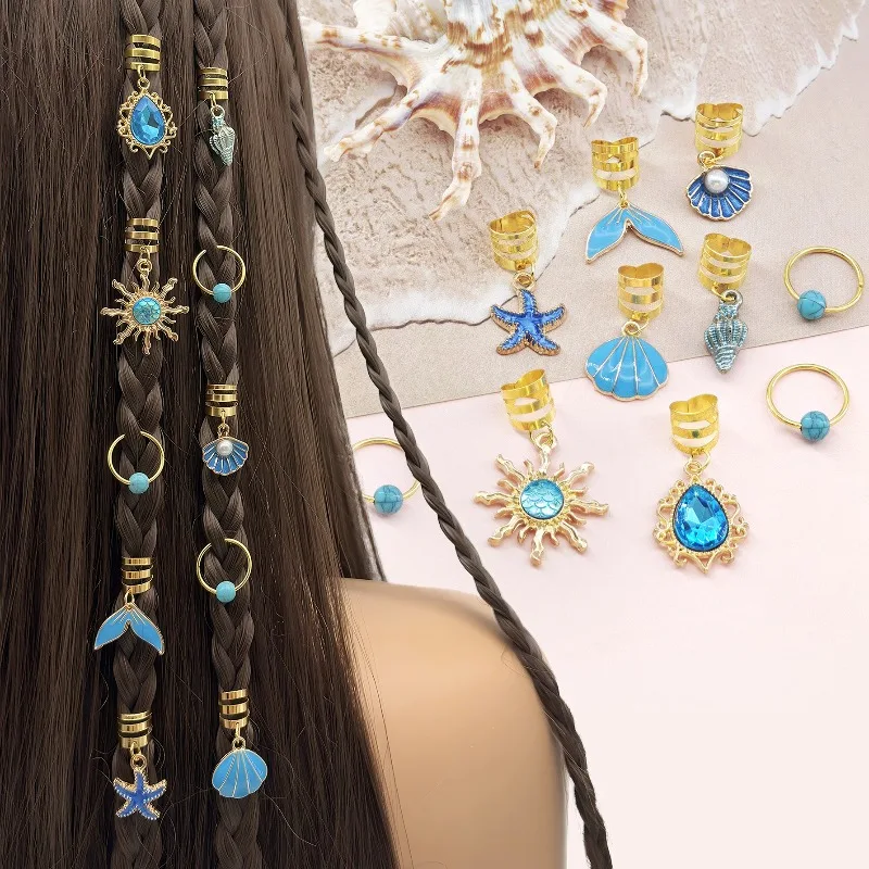 

10PCS Blue Gem Mermaid Tail Starfish Shell Conch Pendant Hair Clips Punk Hip Hop Hair Cuffs for Braids Non Tarnish Easy Snap On