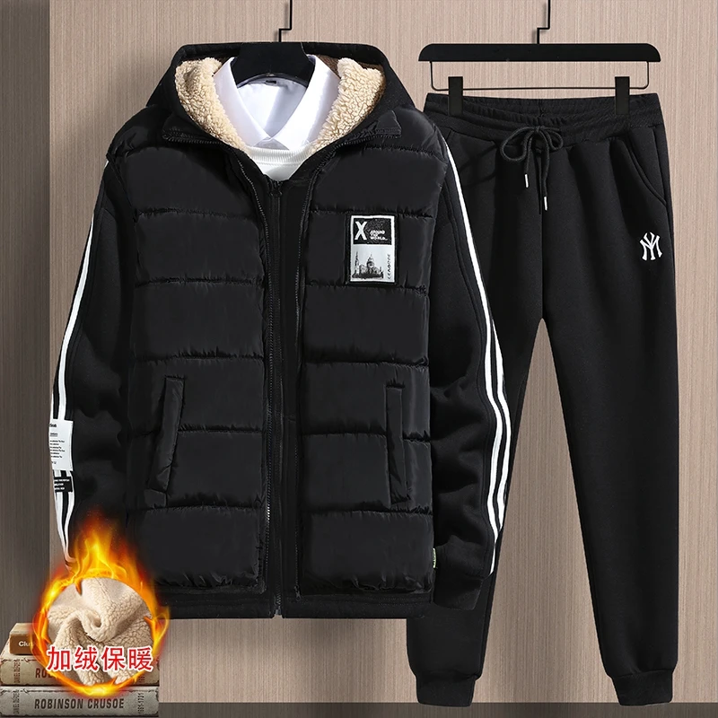 Winter Warm Men Sets 3 Pieces Vest Hoodie Set Fleece Zipper Casual Sport Sweatpant Men Tracksuit Outfit Sweat Suit