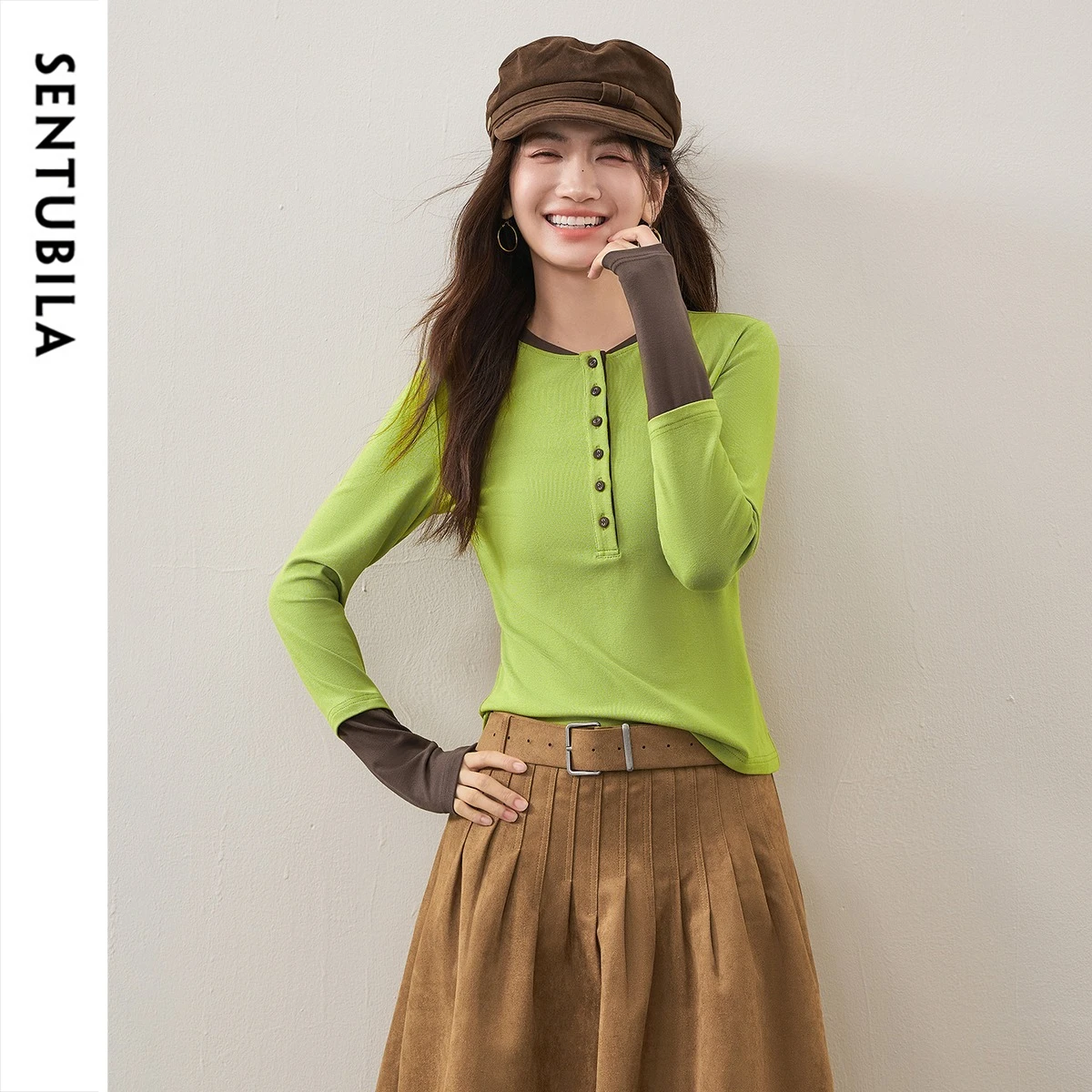 SENTUBILA  2026 Women Faux Two Piece Soft Skin Knit Sweater Color Block Spliced Layering Top 163HD7885