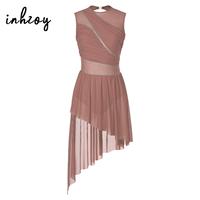 Women Ballet Lyrical Dance Dress Leotard Sleeveless Shiny Rhinestone Sheer Mesh Figure Ice Skating Costume Gymnastics Dancewear