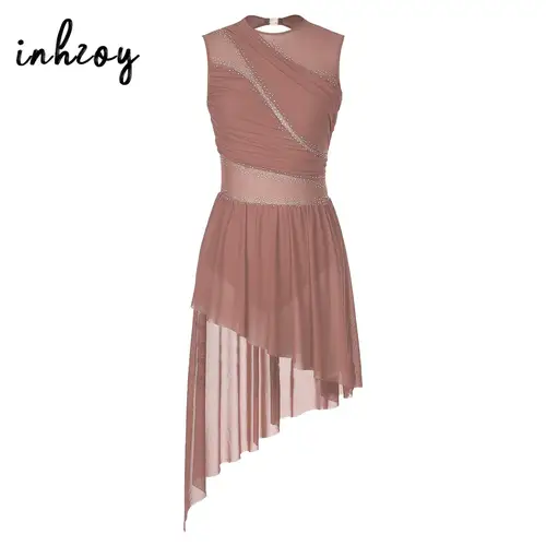 Vestido de baile lírico de Ballet para mujer, leotardo sin mangas con diamantes de imitación brillantes, malla transparente, traje de patinaje sobre hielo, Ropa de baile para gimnasia