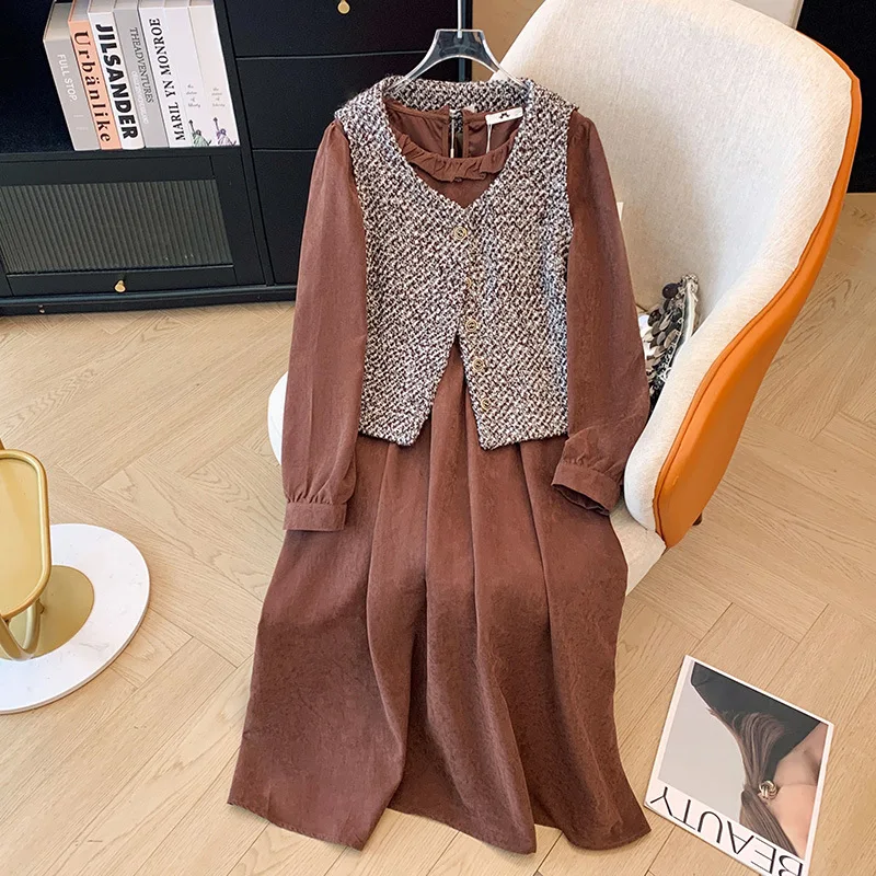 

150Kg Plus Size Women's Bust 154 Autumn Loose Small Fragrance Style Vest Long Sleeved Dress Two-Piece Set 5XL 6XL 7XL 8XL 9XL