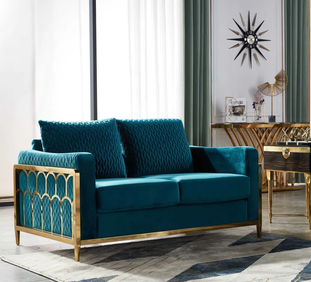 Modern Velvet Fabric Sofa Set Furniture with Golden Stainless Steel Style Factory Provided Living Room Sofas