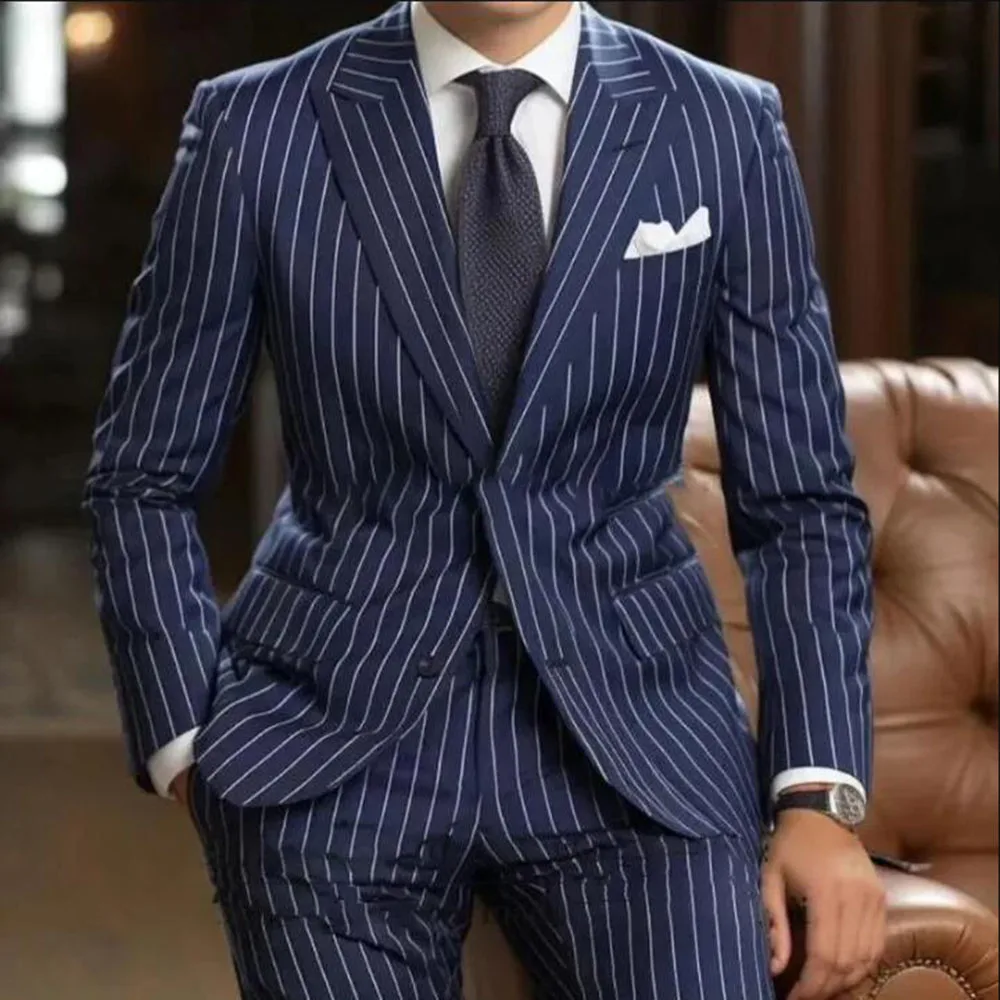 Business Men Suits Navy Stripes Jacket Pants 2 Pieces Groom Tuxedo Tailor-made Male Dinner Party Dress Terno Masculinos Completo