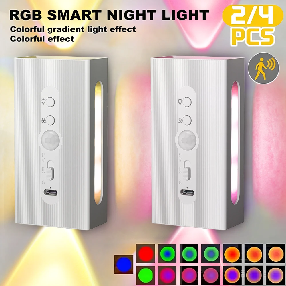 

Светодиодный ночник с датчиком движения, перезаряжаемый магнитный прожектор RGB, 8 режимов освещения, настенный светильник для спальни, прихожей, лестничного освещения