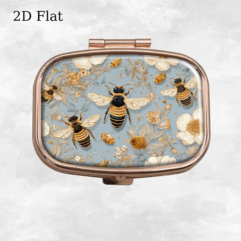 Bee and Floral Pattern Pastel Blue Pill Box, Flat Portable Metal Storage Box, Suitable for Vitamins, Fish Oil, Pills, and Small Candies, Cute Decorative Mini Storage Box, Suitable for Handbags