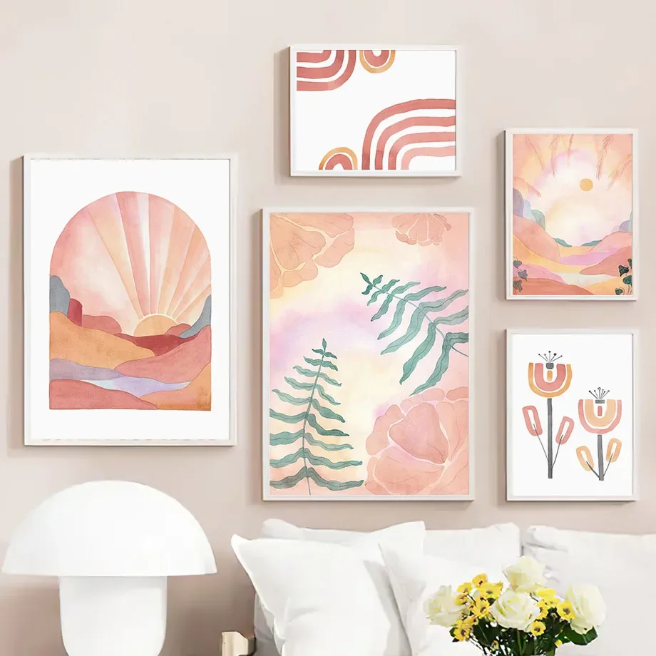 Mountain Sun Leaves Rainbow Flowers Abstract Boho Wall Art Canvas Painting Posters And Print Wall Pictures For Living Room Decor