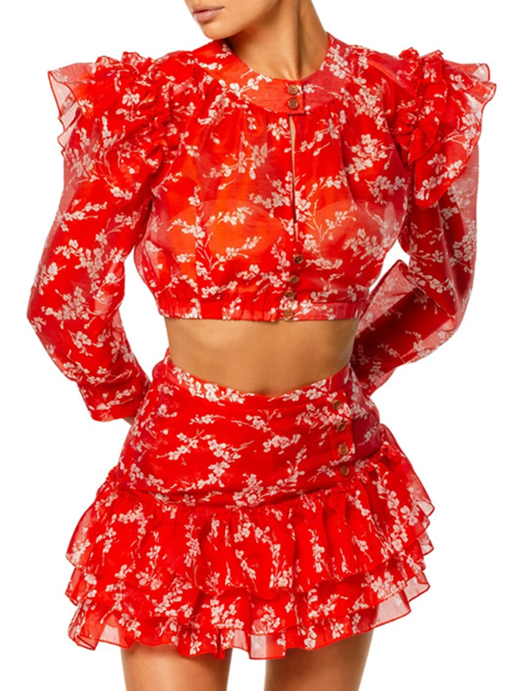 

Women Elegant Printed Chiffon Party Outfits 2026 Casual Long Sleeve Slim 2 Pice Suits Fashion O-Neck Crop Top & Mini Skirt Set