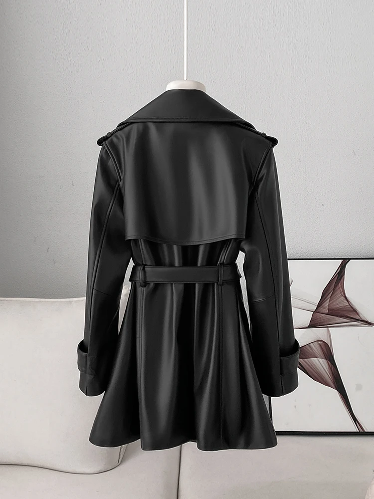 Genuine Leather Jacket For Women Plus Size 2025 Mid-length Spring And Autumn Fashion Brand Belt Lapel Short Trench Coat