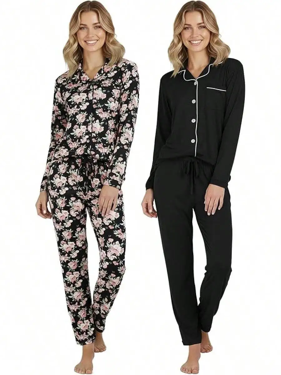 2 Pack Womens Button Down Pajama Set Long Sleeve Floral And Solid Sleepwear