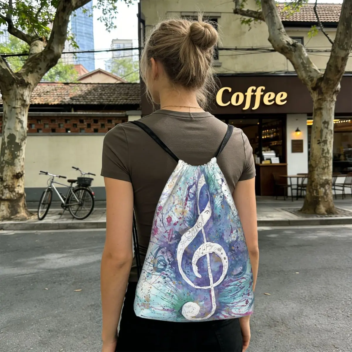 Splash Ink Music Note Backpacks Casual Drawstring Bags Storage Bag Book Bags for Travel School