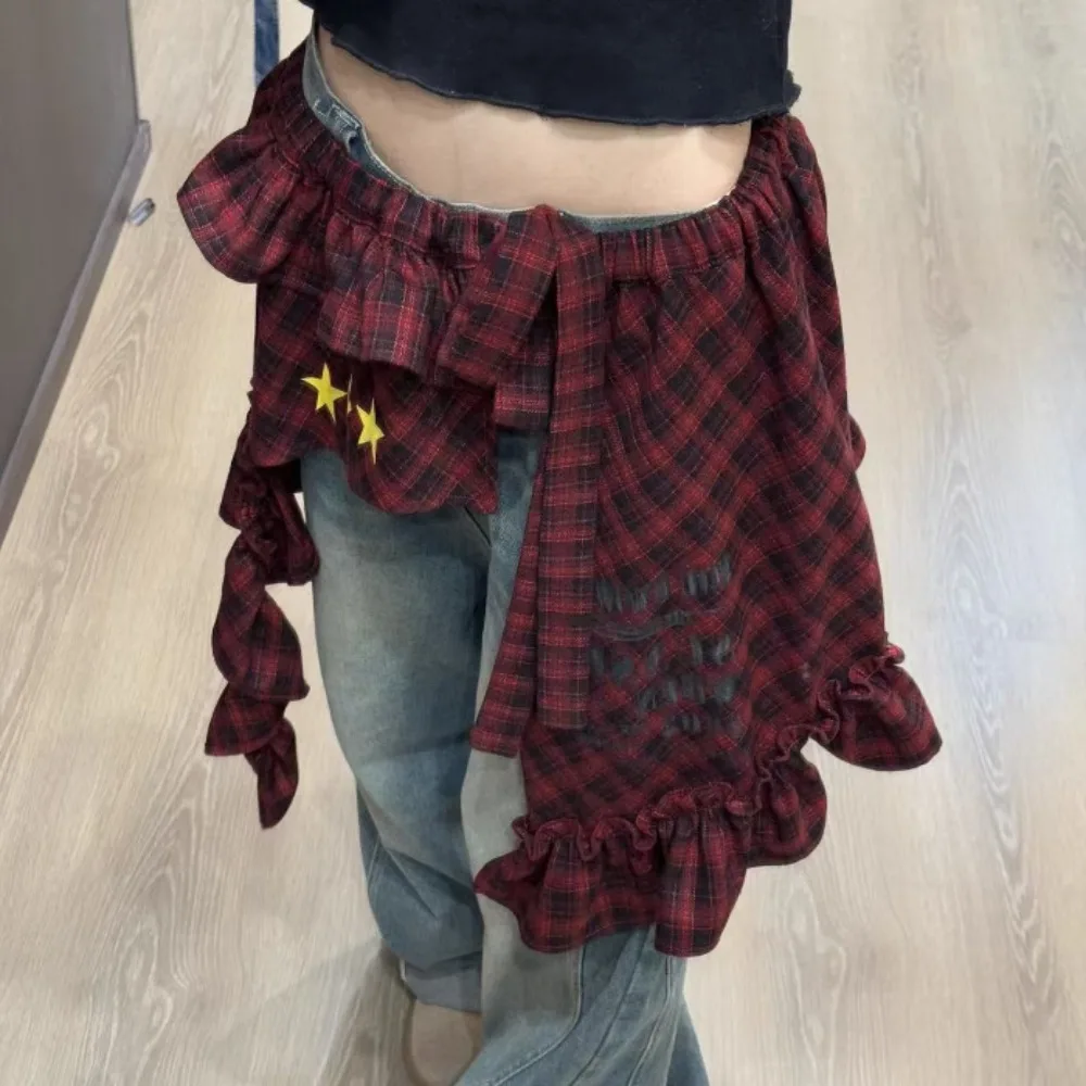 موضة ستار طبقة وتتسابق منقوشة تنورة الهيب هوب الحلو الدانتيل يصل وشاح الورك Y2K قميص موسع تكدرت حافة حزام الخصر الجينز ديكور #3