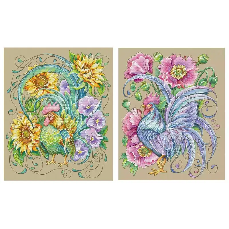 Rooster in Poppy Sunflower Patterns Counted Cross Stitch DIY 11CT 14CT Cross Stitch Kits Embroidery Needlework Sets Home Decor