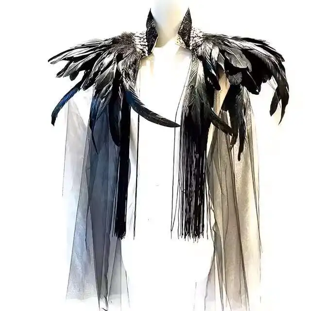 Punk Gothic Exaggerated Black and White Gorgeous Feather Cape Cloak with Tassel Shoulder Decoration Performance Ancient Style
