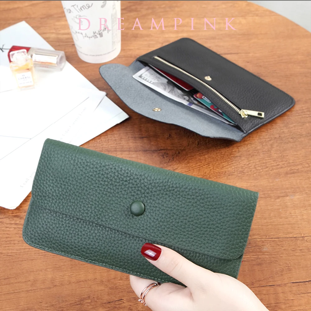 Dompet Panjang Wanita Kulit Asli 100% Tas Clutch Ramping Uang Solid Mewah untuk Wanita Dompet Tempat Kartu Kredit ID Kulit Sapi Fashion