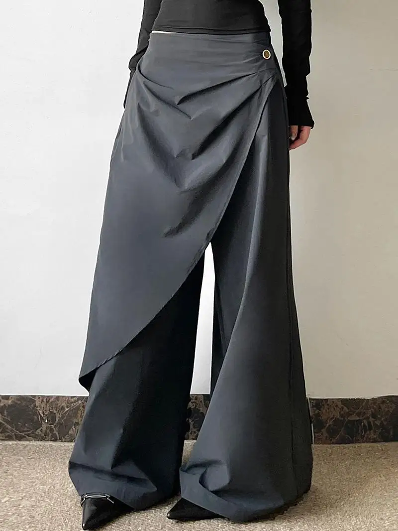 กางเกงลำลองเอวสูงทรงสลิมสไตล์เรโทรแฟชั่นต้นฤดูใบไม้ร่วง WEIRD PUSS กางเกงลำลองเอวสูงทรงไม่สมมาตรสำหรับผู้หญิง