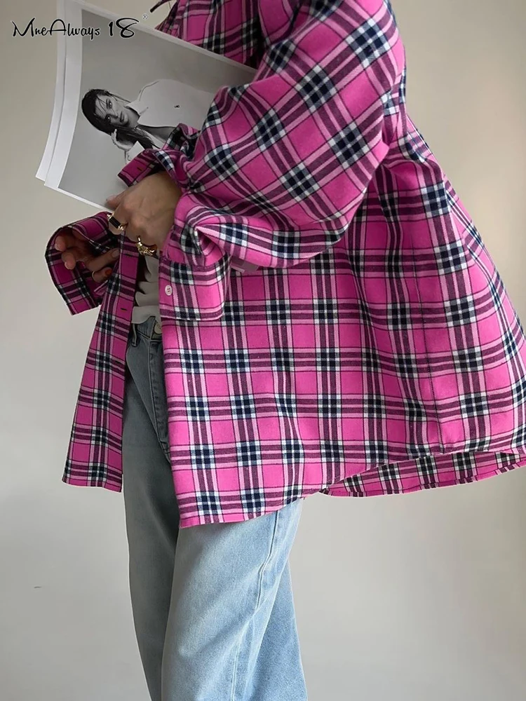 Mnealways18 Brightly Pink Plaid Shacket Shirts Women Loose Lapel Gingham Blouse Streetwear Oversized Button Top Long Shirts 2023