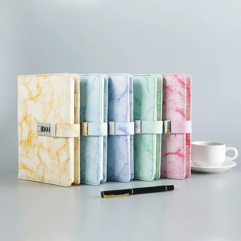 Notebook with password, marble texture, 100 personal diaries, lock code, thick leather notebook, school supplies, office gifts